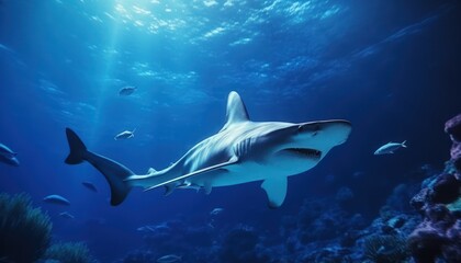 Fototapeta premium The great White Shark in the ocean, portrait of White shark hunting prey in the underwater
