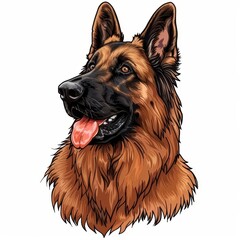 German Shepherd Dog icon on a white, cartoon colored, sketch style. close up portrait