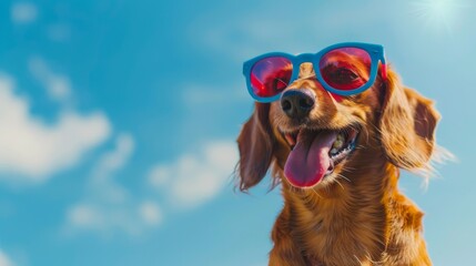 A joyful brown dog with red and blue sunglasses looking up into the blue sky, tongue out in a happy expression