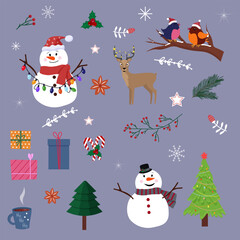 Set of Christmas and New Year elements. Snowmen and deer, gifts and Christmas tree. Sweet cane and cocoa in a cup. Cute characters. Vector. Flat style.