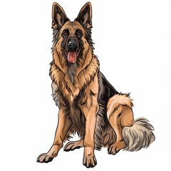 German shepherd dog sitting in cartoon sketch style on white background with colorful illustration