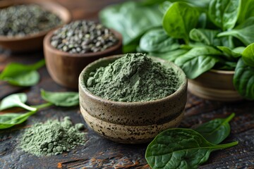 Close-up of stoneware bowl filled with fresh matcha powder, alongside vibrant green spinach leaves - Powered by Adobe