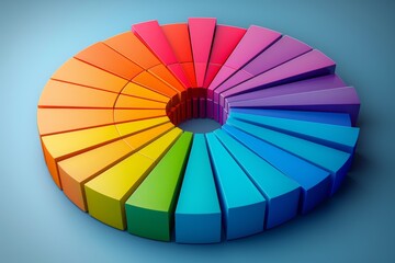 A 3D circular bar graph with vibrant segments on a blue background, representing data or statistics
