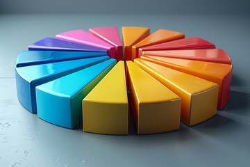 Obraz premium A glossy 3D pie chart in rainbow colors, reflecting on a wet surface, indicates market share or data