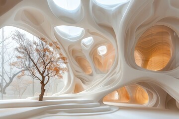 Obraz premium Surreal interior space with curvaceous white walls and openings, featuring a solitary tree in a haze