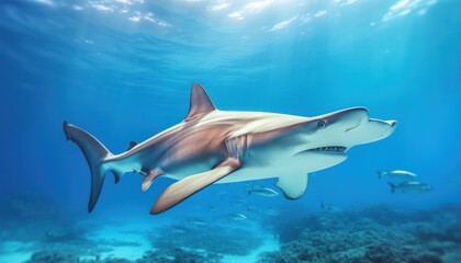 Naklejka premium The great White Shark in the ocean, portrait of White shark hunting prey in the underwater