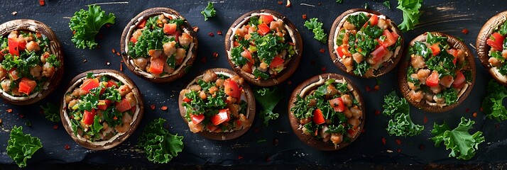 Sausage and kale stuffed portobello mushrooms, top view horizontal food banner with copy space