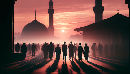Silhouettes of Muslims heading toward a mosque for Eid al-Adha prayer in the early morning. The symbolizing Islamic traditions.