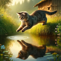 Cat leaping over pond in magical forest setting
