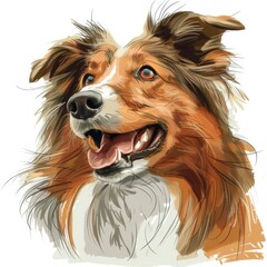 happy red Collie dog on a white, cartoon close up portrait in sketch style. Scottish Shepherd