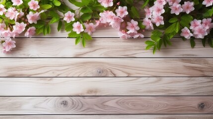 Fototapeta premium white wooden tabletop with cherry blossoms and green leaves as a frame and free space for text