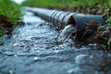 Clear water flows from a corroded metal pipe into a small stream surrounded by greenery