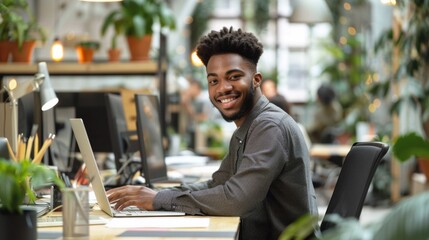 A man smiling while sitting at a desk with his laptop, AI