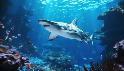 Fototapeta premium The great White Shark in the ocean, portrait of White shark hunting prey in the underwater