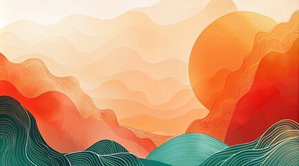 Colorful hand-drawn Background for the Asian American Heritage Month banner. Oriental template design with an empty space for copying text. Abstract background with red sun and waves