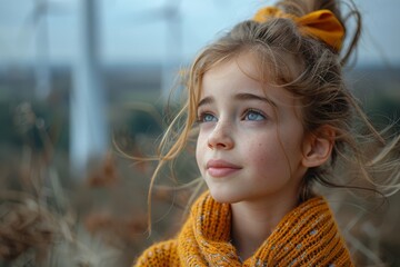 A young girl in a cozy, knitted scarf looks up dreamily, her eyes filled with hope and the softness of an autumn day
