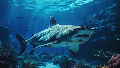 The great White Shark in the ocean, portrait of White shark hunting prey in the underwater