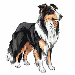 Adorable black tricolor fluffy collie dog stands in cartoon sketch style on white background