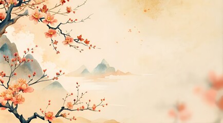Sakura tree on a colorful background, hand-drawn illustration. "Asian Native American Heritage Month, Hawaiian Pacific Islands" with an empty space for text. AAPI AANHPI abstract background