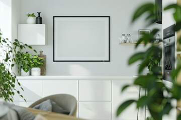 Obraz premium A close-up shot of an empty black frame on the wall in a modern kitchen, surrounded by white cabinets and green plants. This image should capture the simplicity and elegance of a Scandinavian interior