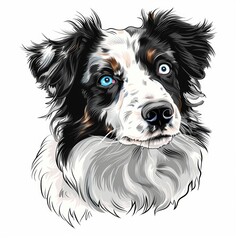 Blue eyed merle border collie dog close up cartoon sketch portrait on white background