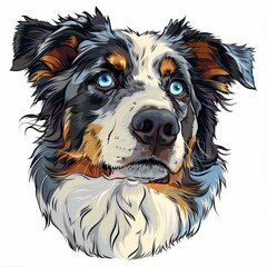 Blue eyed merle tricolor border collie dog close-up icon portrait on white background