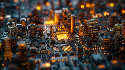 An intricate 3D model of a microchip city, representing an advanced artificial intelligence system
