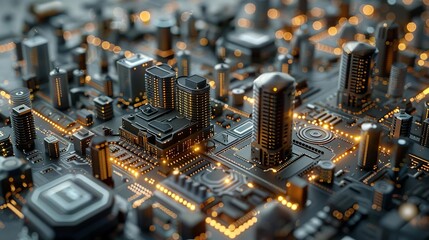 An intricate 3D model of a microchip city, representing an advanced artificial intelligence system