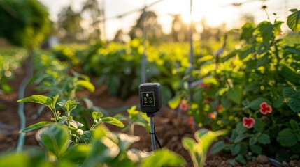 An IoT agricultural setup showing sensors in a field monitoring crop health and environmental conditions