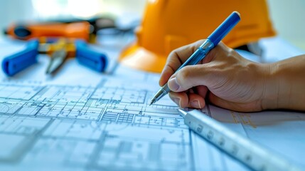 Closeup of a hand holding a pen over a detailed blueprint, with an architect s helmet and tools nearby