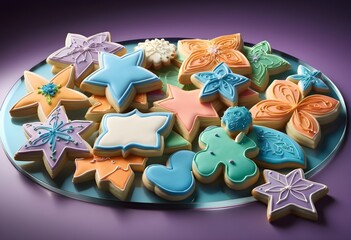 national sugar cookie day with a lot of sugar cookies with different types and tastes are holding in plates on a table with luxrious background