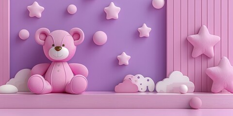 pink and lilac composition with soft children's toys. Concept for banner for web shop or card. - Powered by Adobe