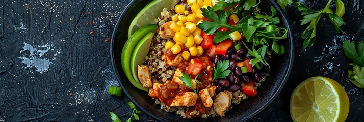 Southwest chicken quinoa bowls with black beans and corn, fresh food banner, top view with copy space