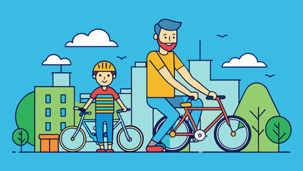 Naklejka premium active holidays father and son are riding bikes cartoon vector illustration