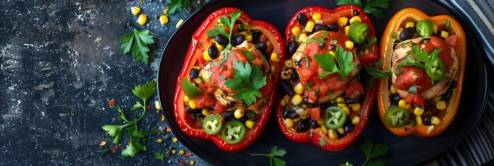 Southwest chicken stuffed peppers with black beans and corn, fresh food banner, top view with copy space