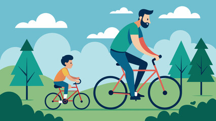 Naklejka premium active holidays father and son are riding bikes cartoon vector illustration