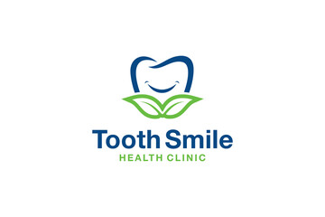 Tooth Smile Logo Design Inspiration. Vector Illustration of a Tooth Smile and Abstract Leaves. Suitable for Dental Clinics, Dental Care and Healthy Tooth.
