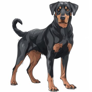 Beauceron dog cartoon sketch on white background, full-length portrait, detailed illustration