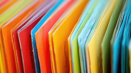 Close-up of colorful file folders arranged in row