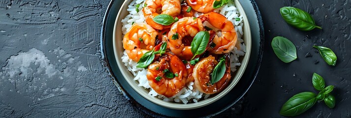 Spicy honey garlic shrimp with steamed jasmine rice, top view horizontal food banner with copy space