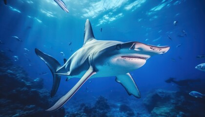 Obraz premium The great White Shark in the ocean, portrait of White shark hunting prey in the underwater