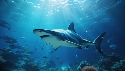 Obraz premium The great White Shark in the ocean, portrait of White shark hunting prey in the underwater