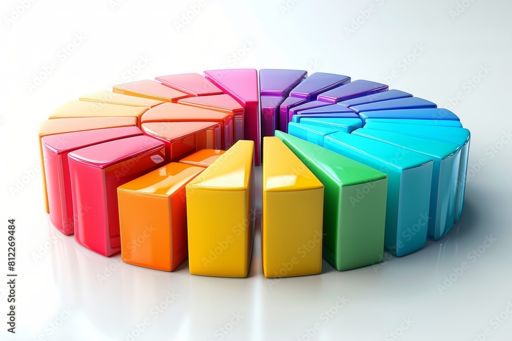 Poster this vibrant image depicts a 3d pie chart with a glossy, reflective surface, showcasing a range of c