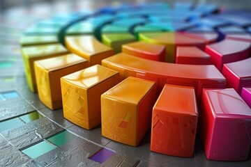 Rendered 3D illustration of colorful blocks forming a bar graph, with a reflective checkered floor adding depth