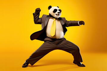 Fototapeta na wymiar Playful panda in a bright yellow jacket grooving to the beat, Panda wearing a sunny yellow coat showing off dance moves.