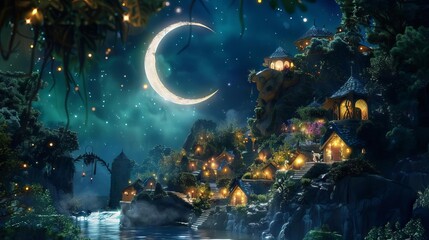A crescent moon hovering over a fairy village, providing gentle light as fairies go about their evening