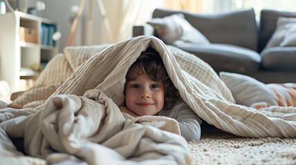 Young child smiling under blanket in cozy room - Powered by Adobe