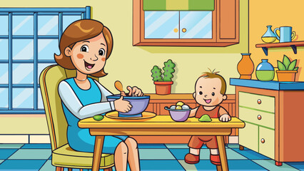  child feeding mother feeds the baby sitting cartoon vector illustration