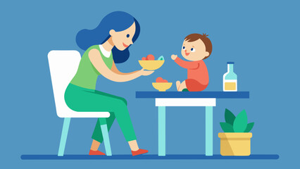  child feeding mother feeds the baby sitting cartoon vector illustration