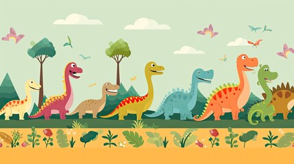 A playful group of cartoon dinosaurs strolling in a lush field, Colorful cartoon dinosaurs marching through a green landscape.